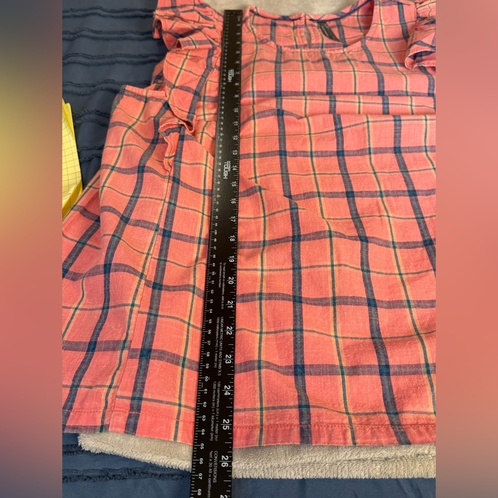 Anthropologie Amarette Coral Plaid Ruffled Pinafore Cotton Sleeveless Top Large - Picture 7 of 7